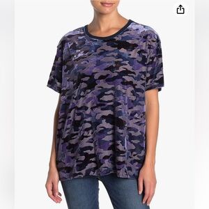 Free People Blue Purple Velvet Teddy Camo Print Short Sleeve Top Size Medium